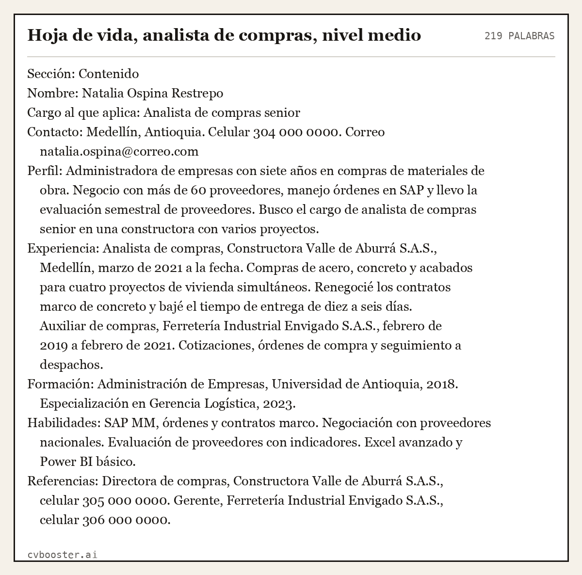 Ejemplo completo: Hoja de vida, analista de compras, nivel medio, 219 palabras
