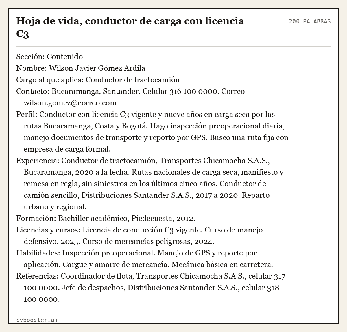Ejemplo completo: Hoja de vida, conductor de carga con licencia C3, 200 palabras