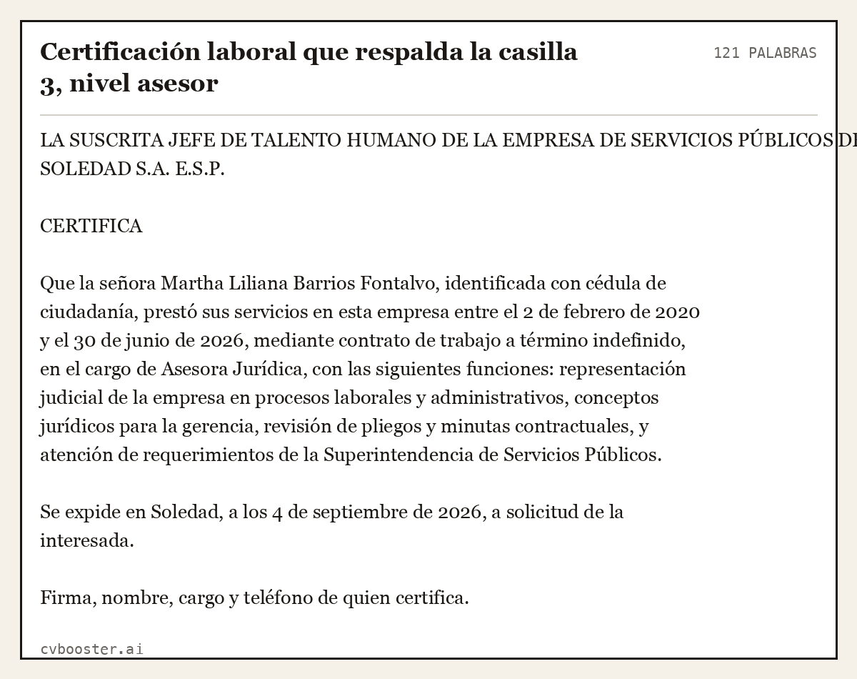 Ejemplo completo: Certificación laboral que respalda la casilla 3, nivel asesor, 121 palabras