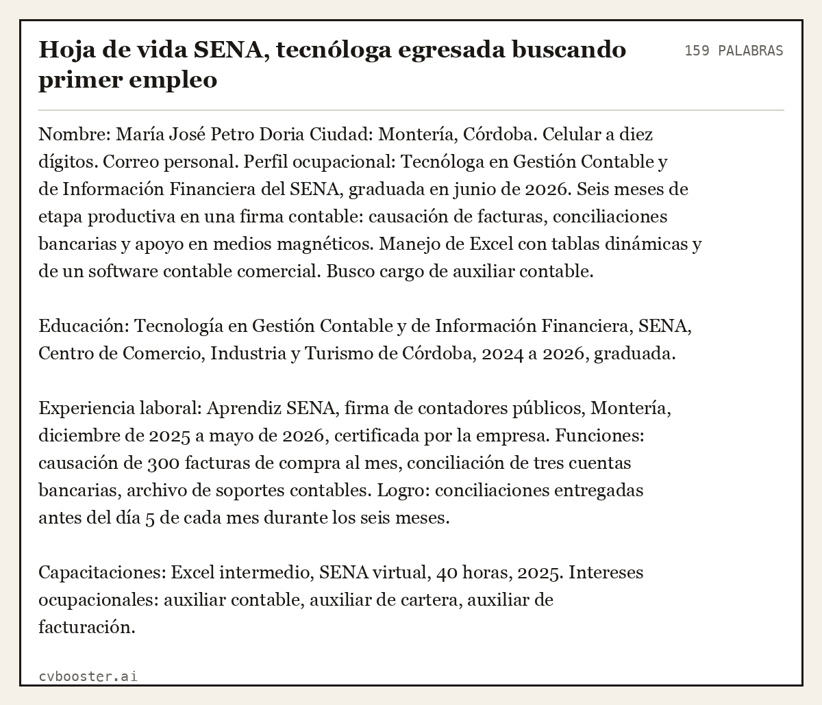 Ejemplo completo: Hoja de vida SENA, tecnóloga egresada buscando primer empleo, 159 palabras