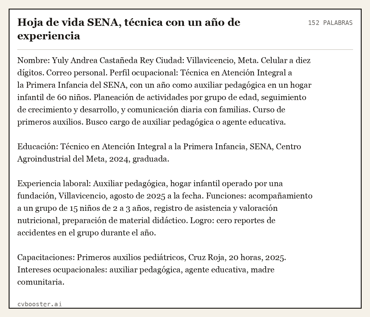 Ejemplo completo: Hoja de vida SENA, técnica con un año de experiencia, 152 palabras