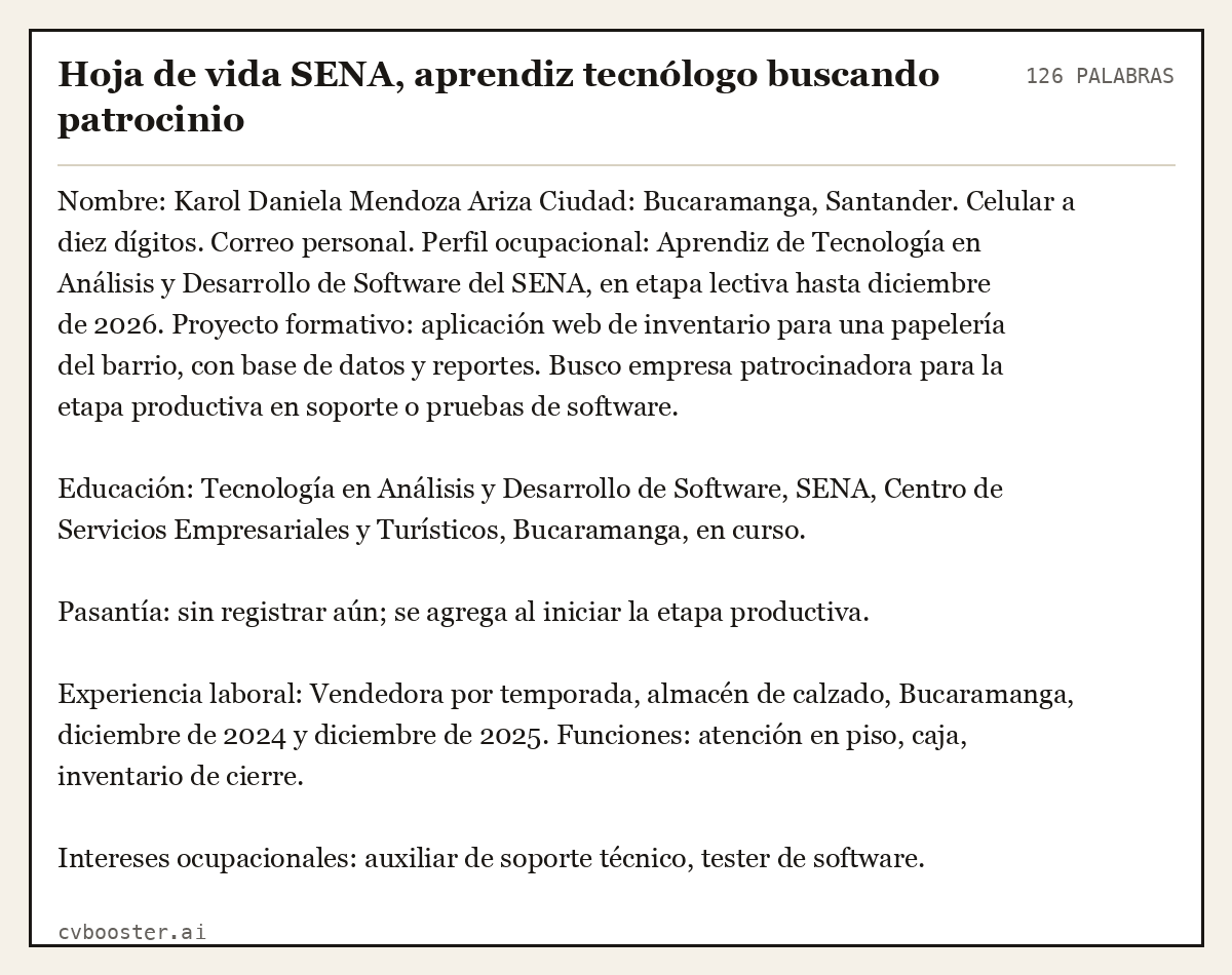 Ejemplo completo: Hoja de vida SENA, aprendiz tecnólogo buscando patrocinio, 126 palabras