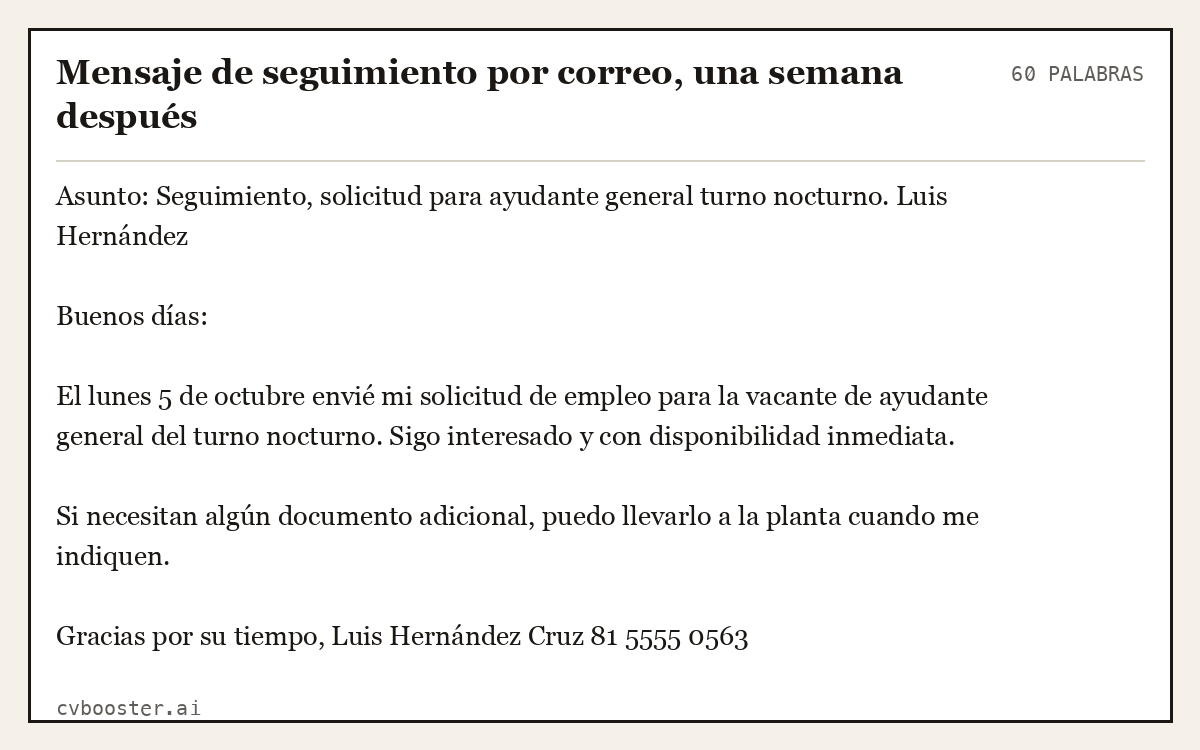 Ejemplo completo: Mensaje de seguimiento por correo, una semana después, 60 palabras