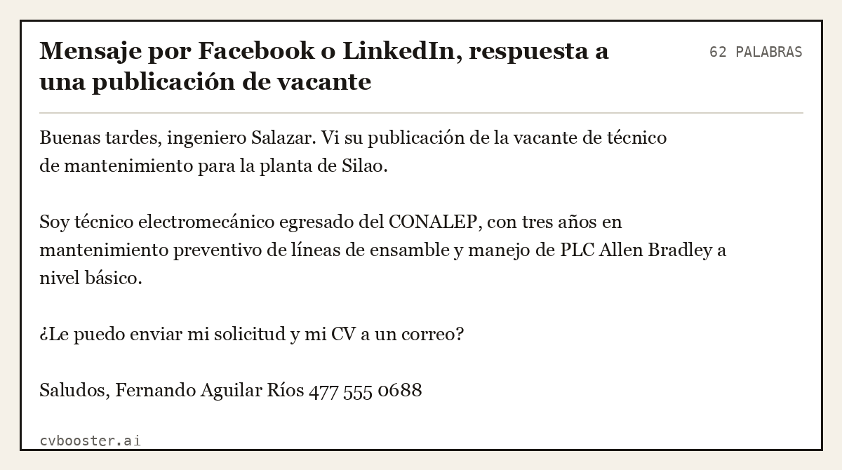 Ejemplo completo: Mensaje por Facebook o LinkedIn, respuesta a una publicación de vacante, 62 palabras