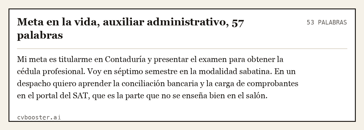 Ejemplo completo: Meta en la vida, auxiliar administrativo, 57 palabras, 53 palabras