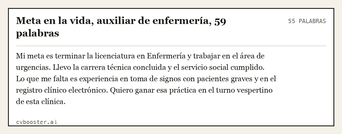 Ejemplo completo: Meta en la vida, auxiliar de enfermería, 59 palabras, 55 palabras