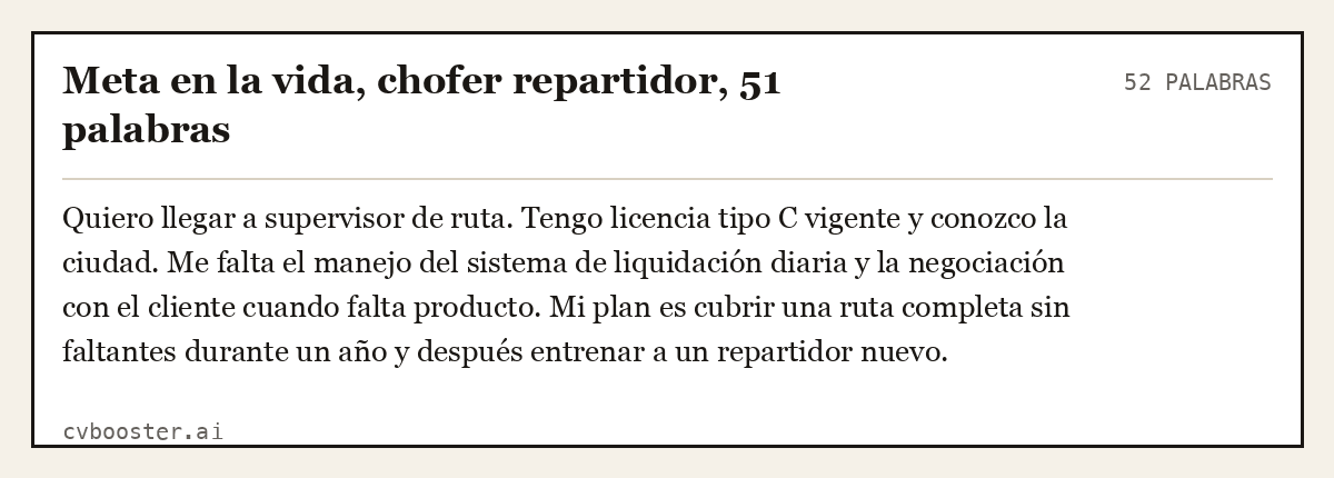 Ejemplo completo: Meta en la vida, chofer repartidor, 51 palabras, 52 palabras