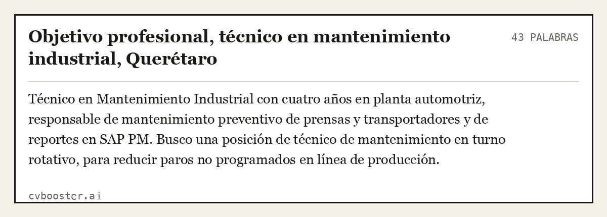 Ejemplo completo: Objetivo profesional, técnico en mantenimiento industrial, Querétaro, 43 palabras