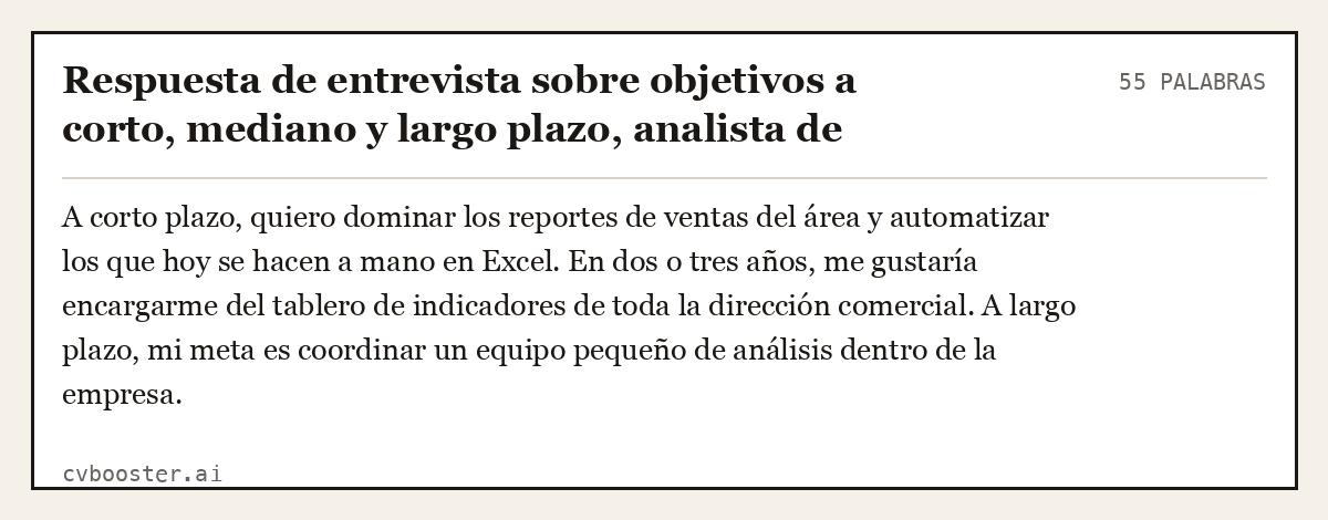 Ejemplo completo: Respuesta de entrevista sobre objetivos a corto, mediano y largo plazo, analista de datos junior, 55 palabras