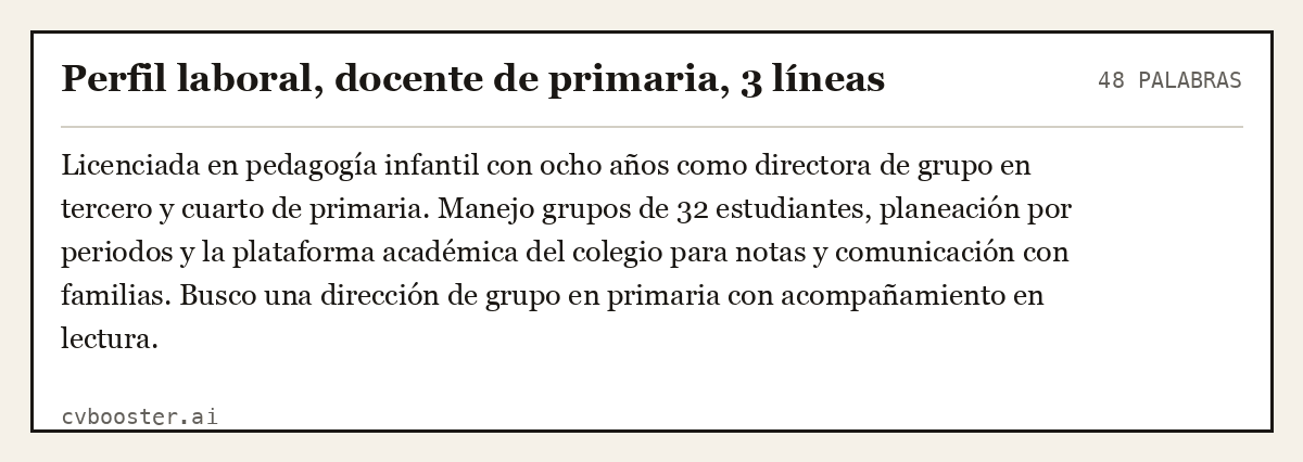 Ejemplo completo: Perfil laboral, docente de primaria, 3 líneas, 48 palabras