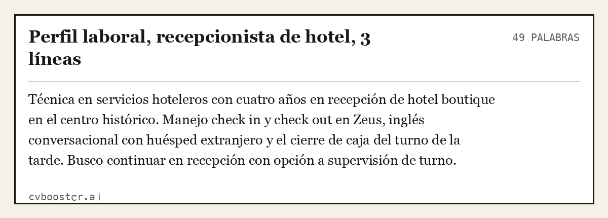 Ejemplo completo: Perfil laboral, recepcionista de hotel, 3 líneas, 49 palabras