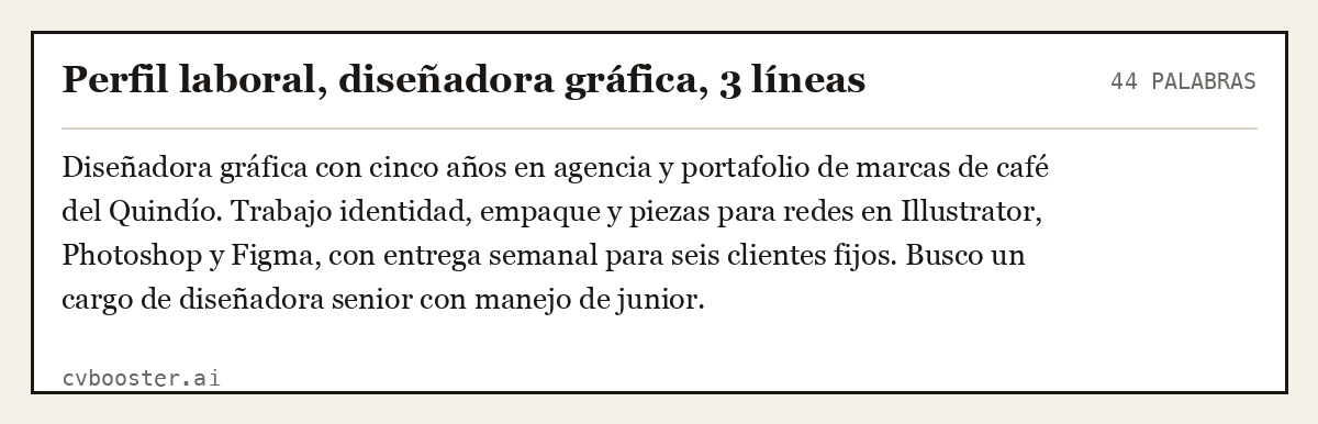 Ejemplo completo: Perfil laboral, diseñadora gráfica, 3 líneas, 44 palabras