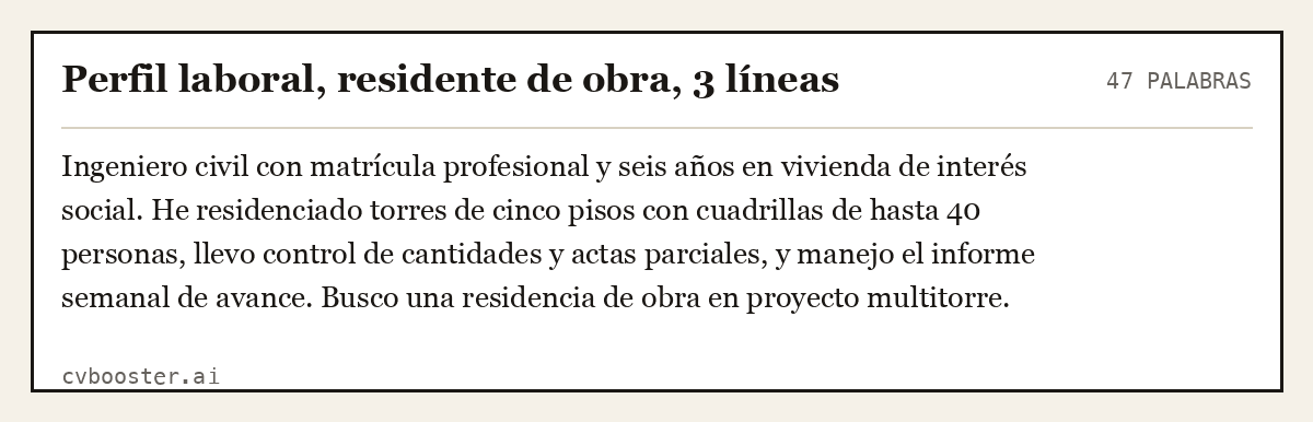 Ejemplo completo: Perfil laboral, residente de obra, 3 líneas, 47 palabras