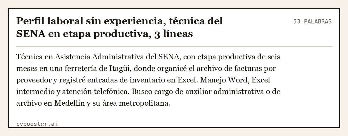 Ejemplo completo: Perfil laboral sin experiencia, técnica del SENA en etapa productiva, 3 líneas, 53 palabras
