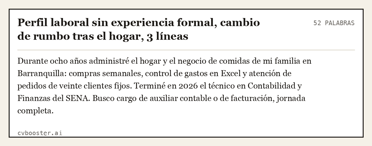 Ejemplo completo: Perfil laboral sin experiencia formal, cambio de rumbo tras el hogar, 3 líneas, 52 palabras