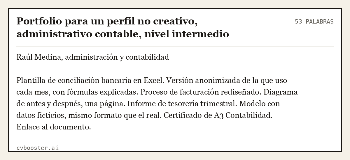 Ejemplo completo: Portfolio para un perfil no creativo, administrativo contable, nivel intermedio, 53 palabras