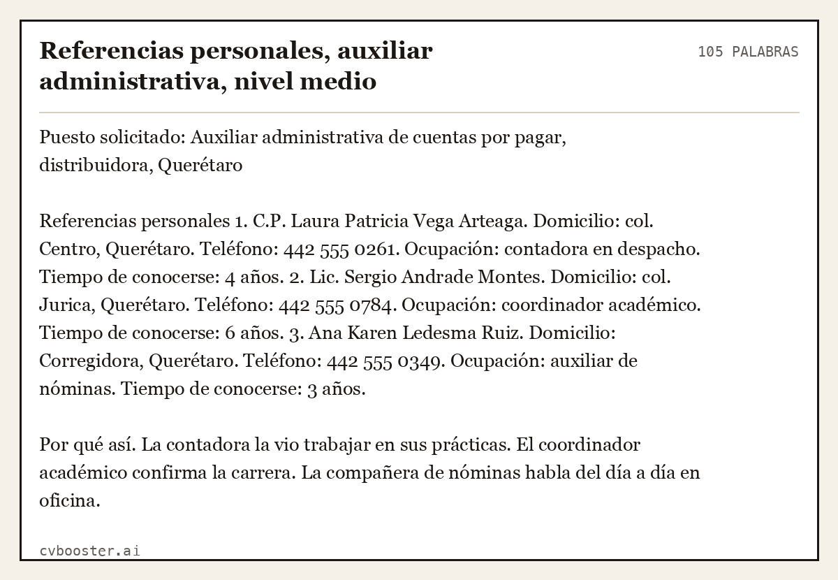 Ejemplo completo: Referencias personales, auxiliar administrativa, nivel medio, 105 palabras