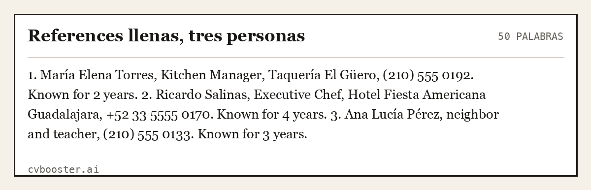 Ejemplo completo: References llenas, tres personas, 50 palabras