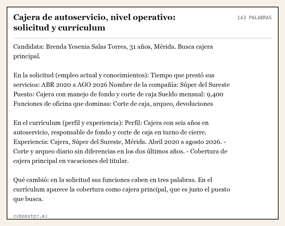 Ejemplo completo: Cajera de autoservicio, nivel operativo: solicitud y currículum, 143 palabras