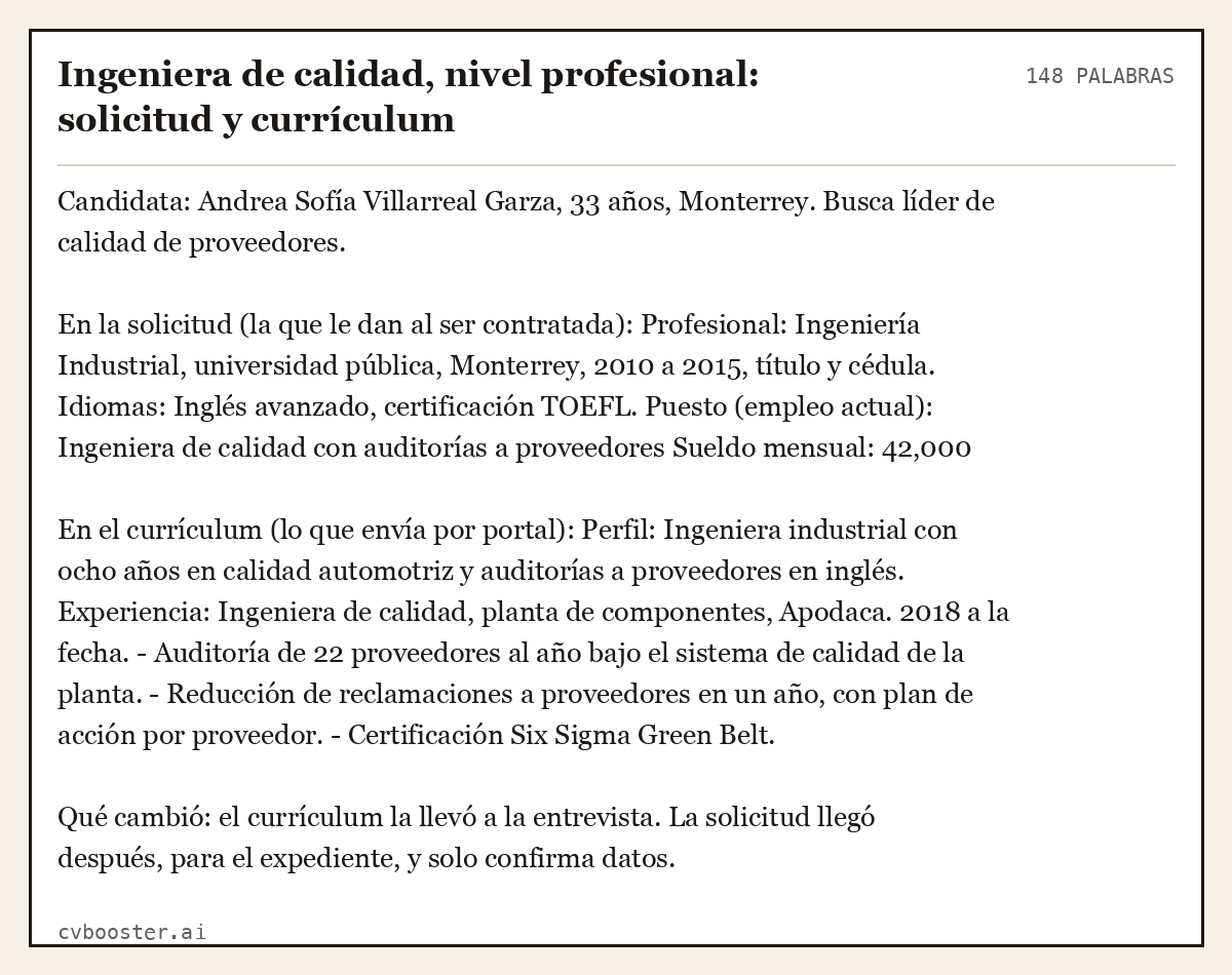 Ejemplo completo: Ingeniera de calidad, nivel profesional: solicitud y currículum, 148 palabras