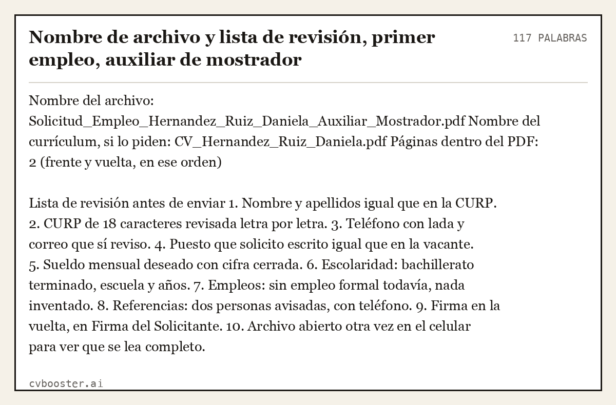 Ejemplo completo: Nombre de archivo y lista de revisión, primer empleo, auxiliar de mostrador, 117 palabras