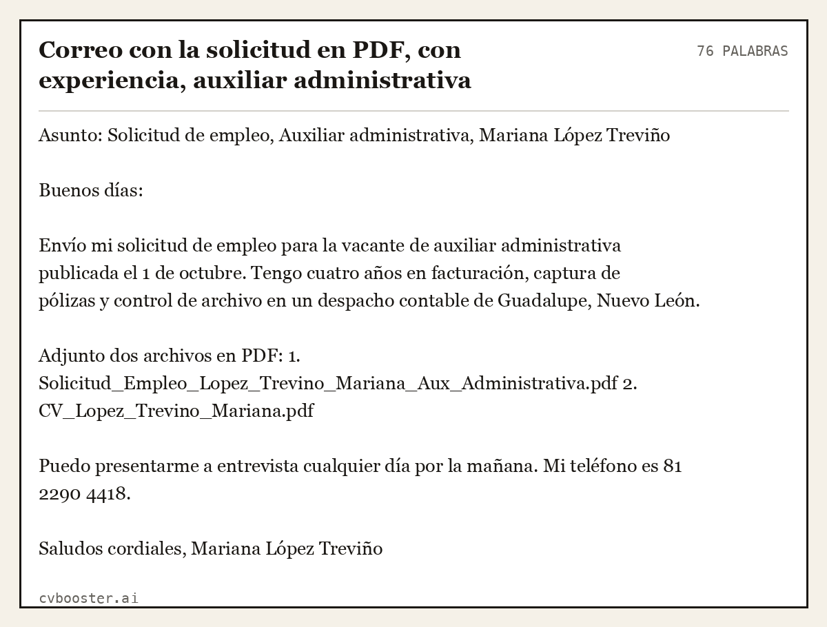 Ejemplo completo: Correo con la solicitud en PDF, con experiencia, auxiliar administrativa, 76 palabras