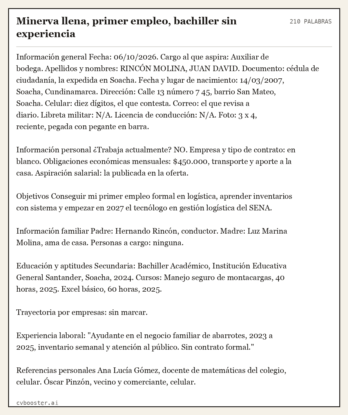 Ejemplo completo: Minerva llena, primer empleo, bachiller sin experiencia, 210 palabras