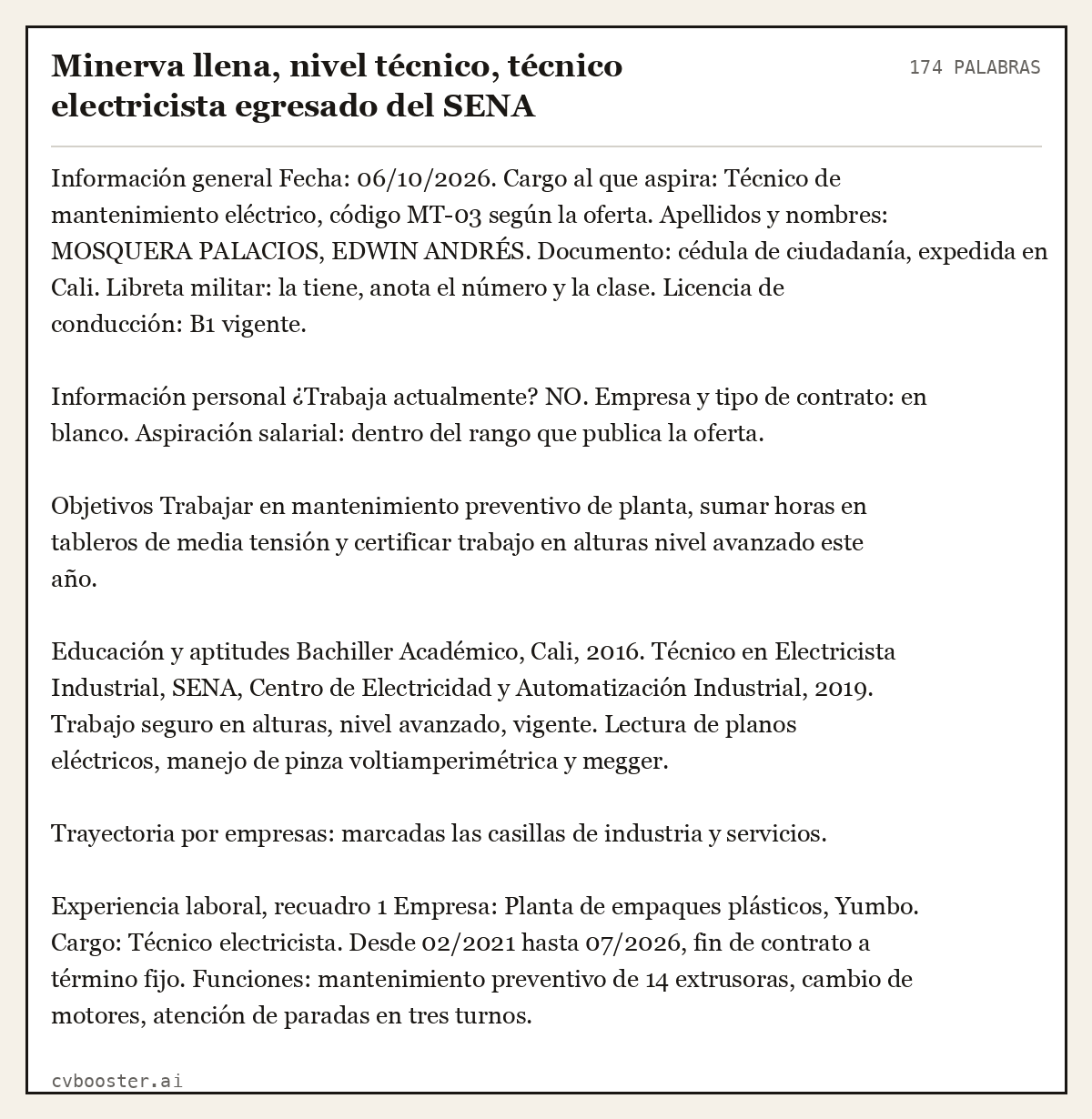 Ejemplo completo: Minerva llena, nivel técnico, técnico electricista egresado del SENA, 174 palabras