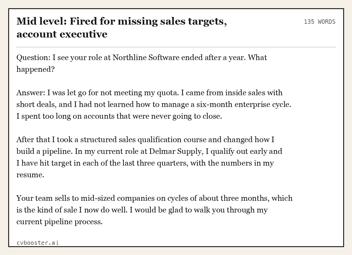 Complete Mid level: Fired for missing sales targets, account executive example, 135 words, laid out as it would sit in the application form