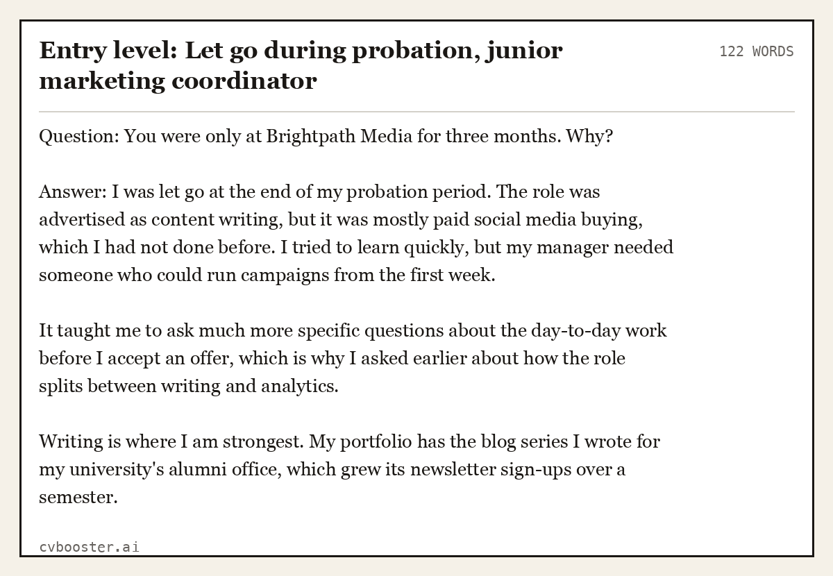 Complete Entry level: Let go during probation, junior marketing coordinator example, 122 words, laid out as it would sit in the application form