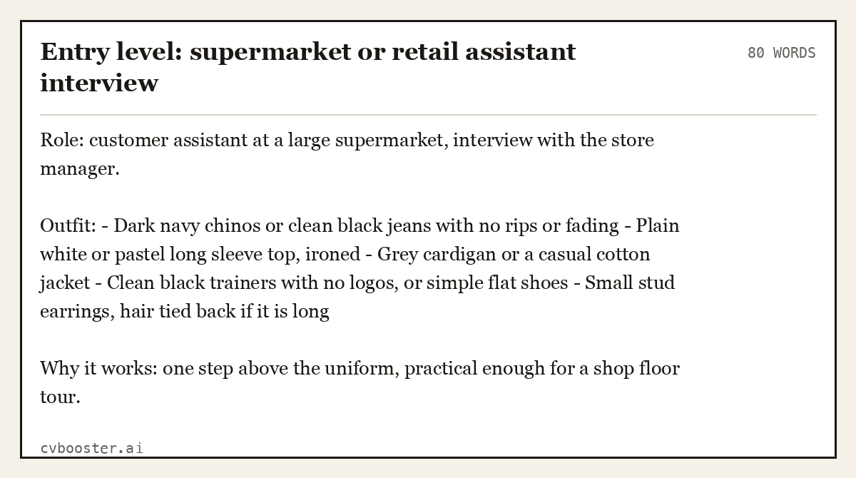 Complete Entry level: supermarket or retail assistant interview example, 80 words, laid out as it would sit in the application form