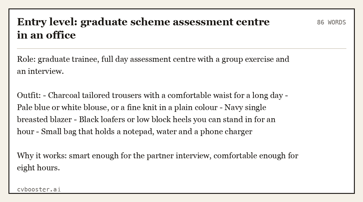 Complete Entry level: graduate scheme assessment centre in an office example, 86 words, laid out as it would sit in the application form
