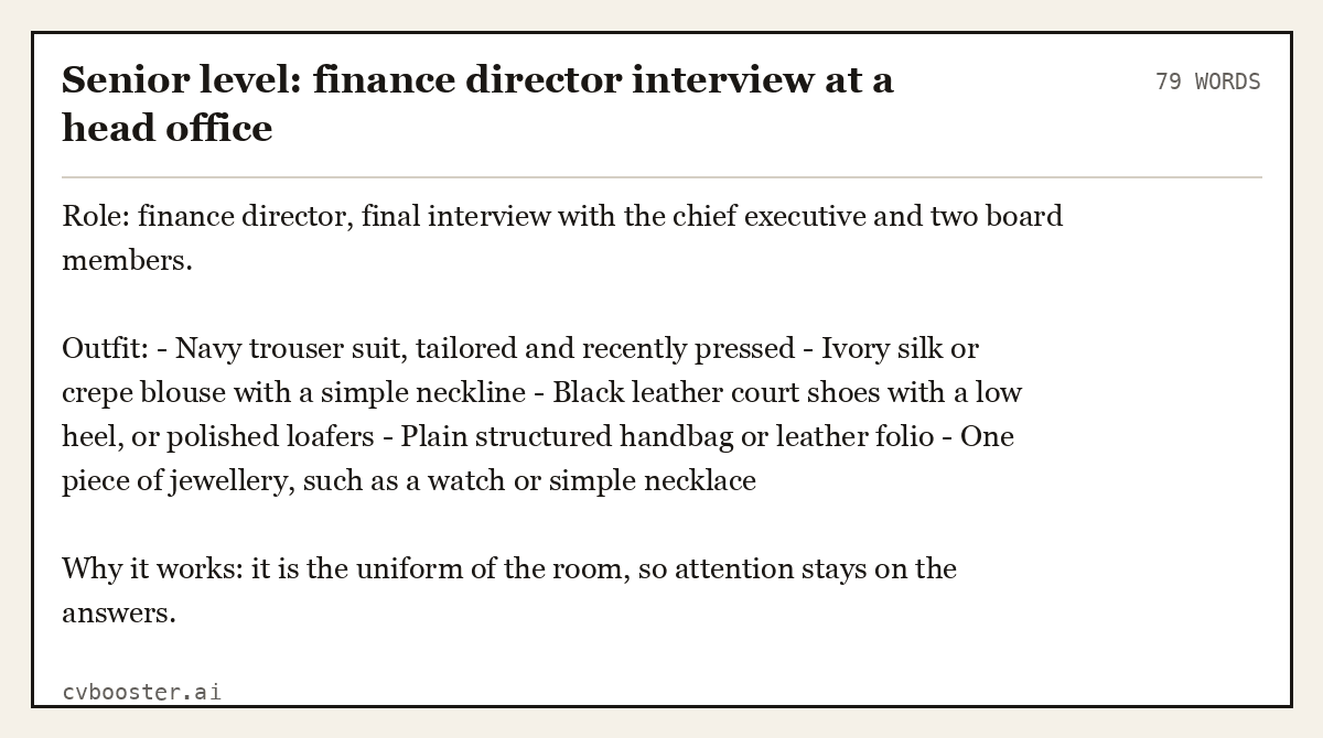 Complete Senior level: finance director interview at a head office example, 79 words, laid out as it would sit in the application form