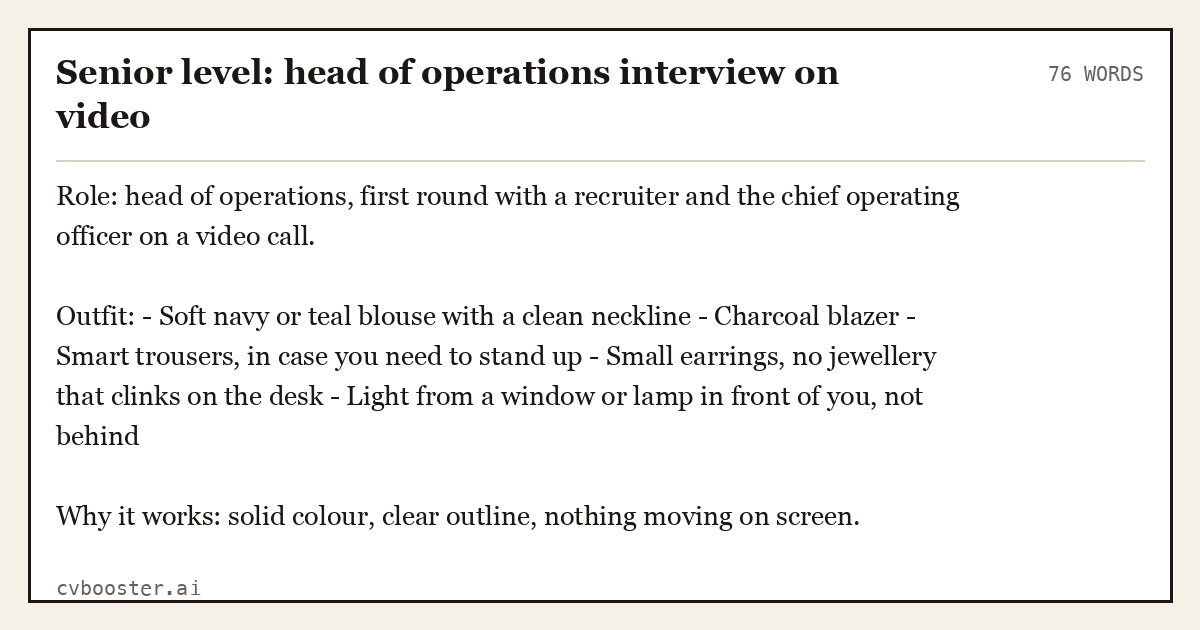 Complete Senior level: head of operations interview on video example, 76 words, laid out as it would sit in the application form