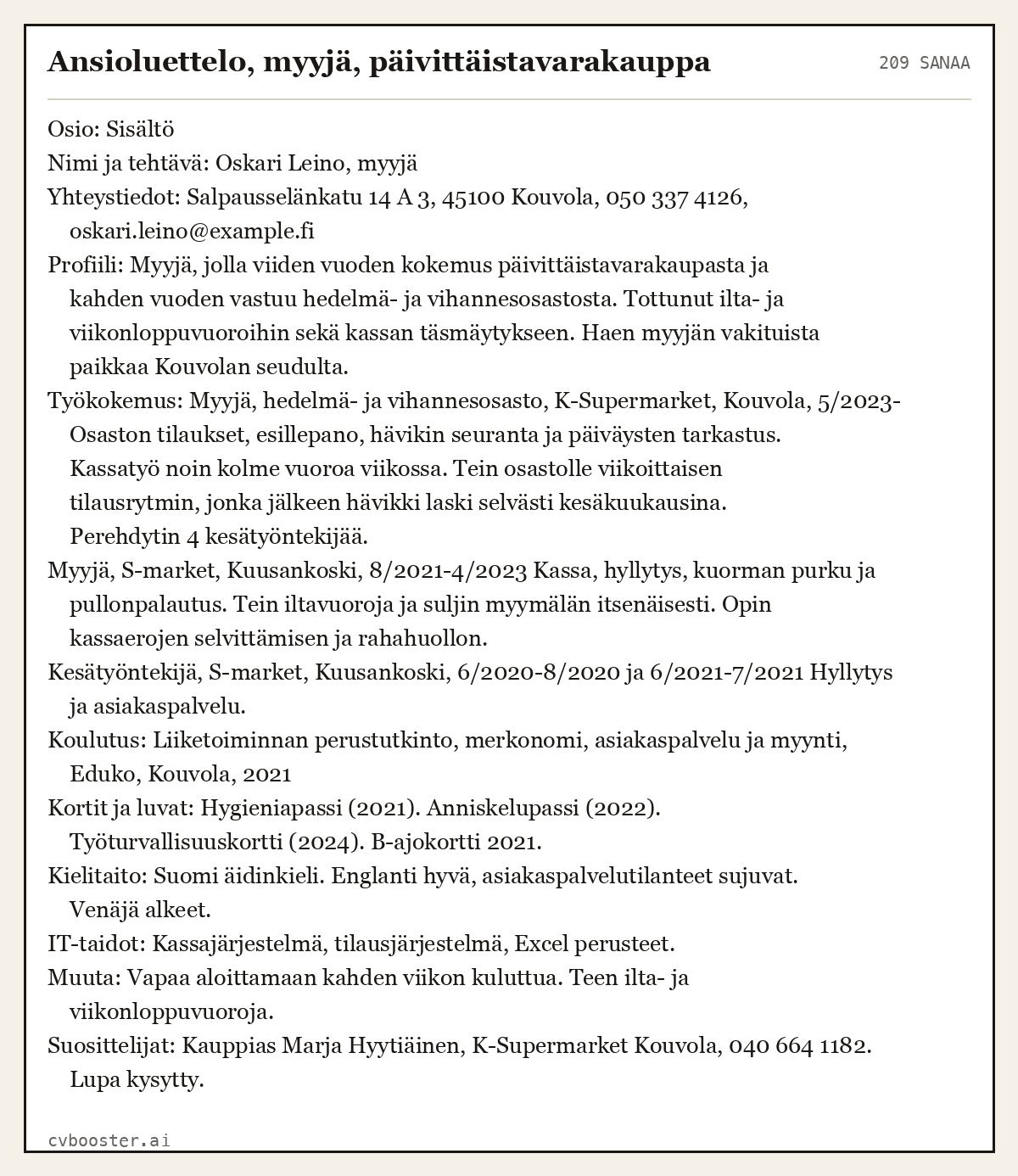 Valmis esimerkki: Ansioluettelo, myyjä, päivittäistavarakauppa, 209 sanaa
