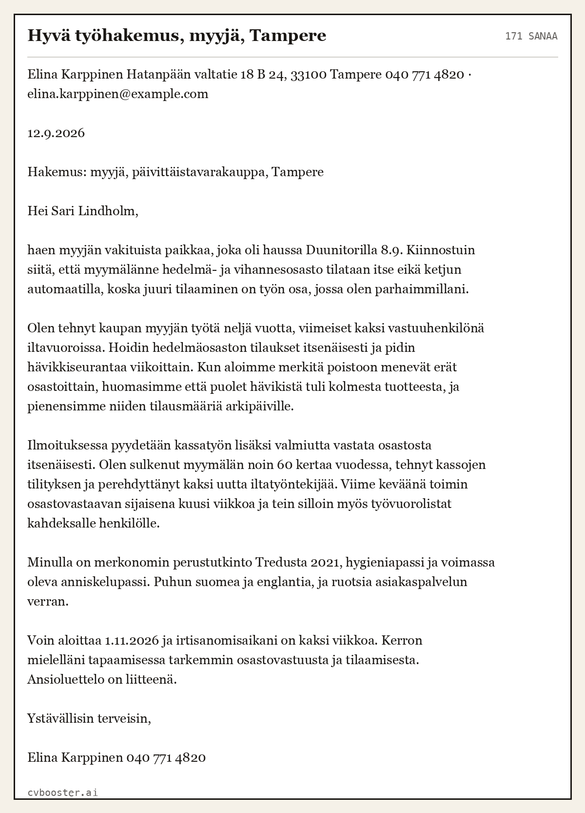 Valmis esimerkki: Hyvä työhakemus, myyjä, Tampere, 171 sanaa