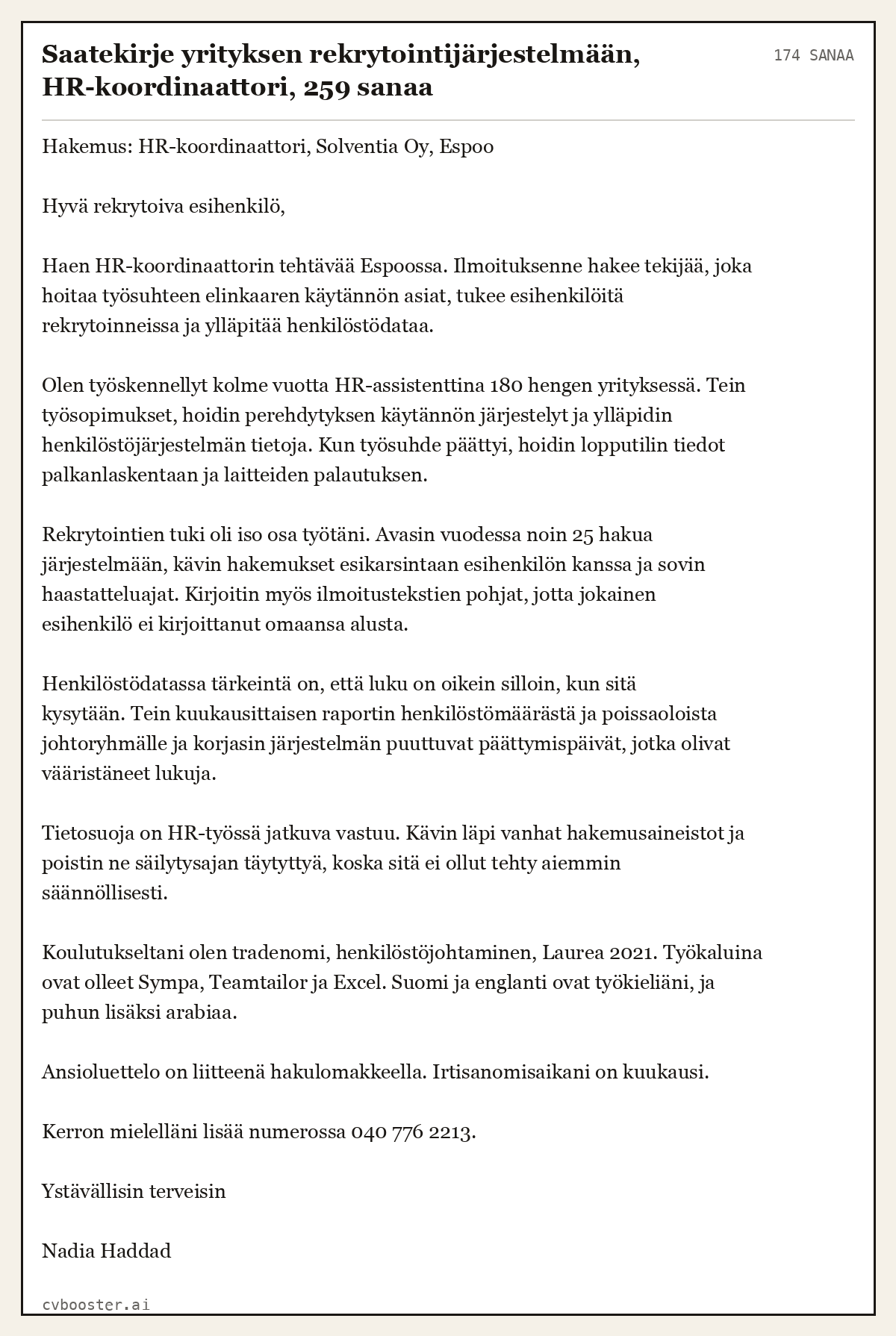 Valmis esimerkki: Saatekirje yrityksen rekrytointijärjestelmään, HR-koordinaattori, 174 sanaa, 174 sanaa