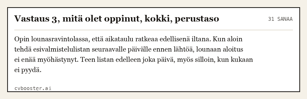 Valmis esimerkki: Vastaus 3, mitä olet oppinut, kokki, perustaso, 31 sanaa