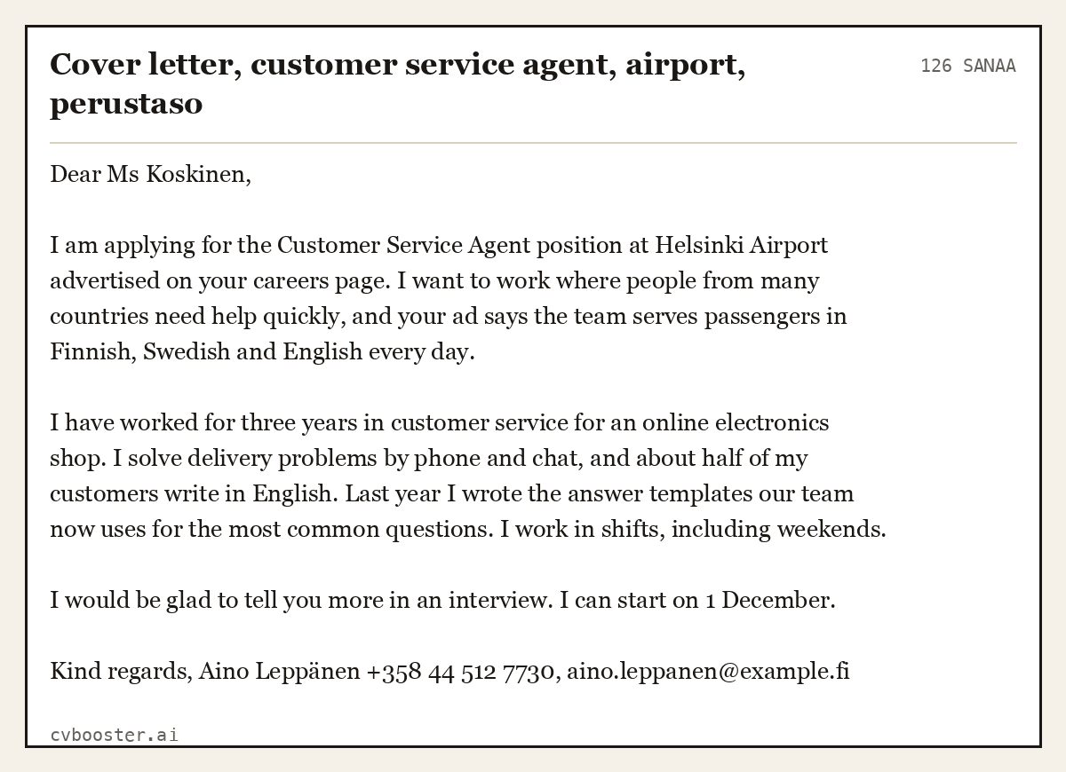 Valmis esimerkki: Cover letter, customer service agent, airport, perustaso, 126 sanaa