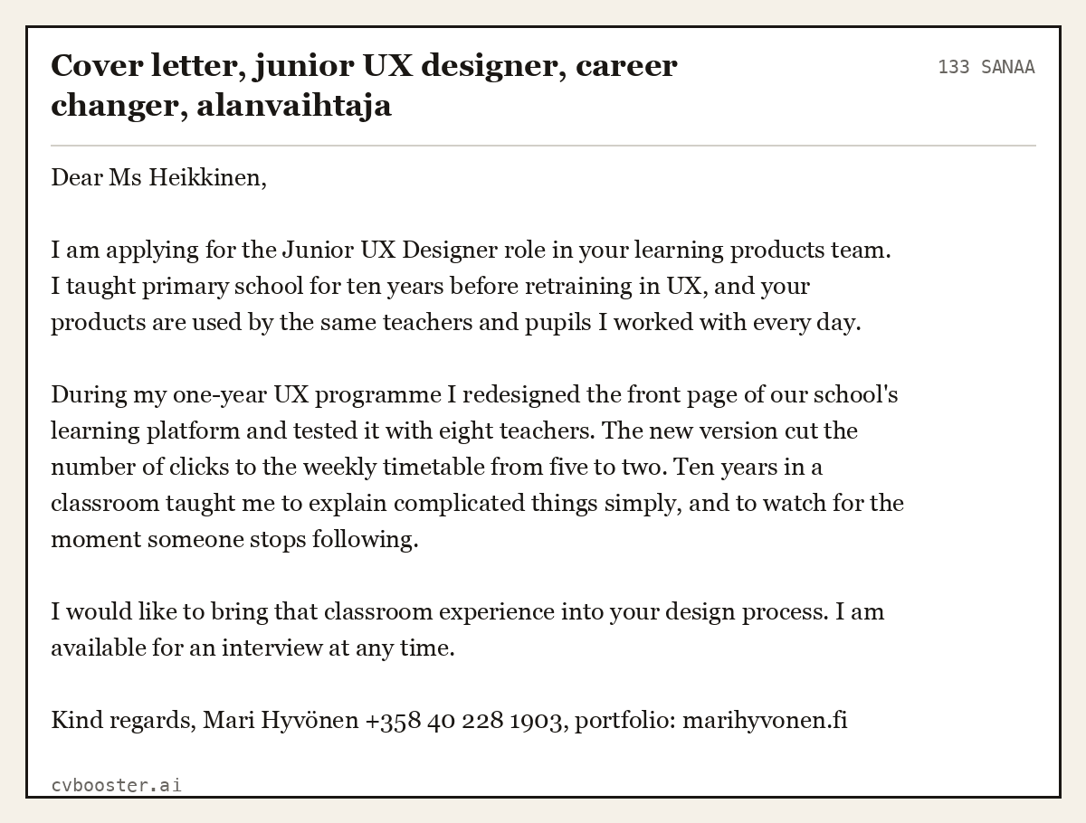 Valmis esimerkki: Cover letter, junior UX designer, career changer, alanvaihtaja, 133 sanaa