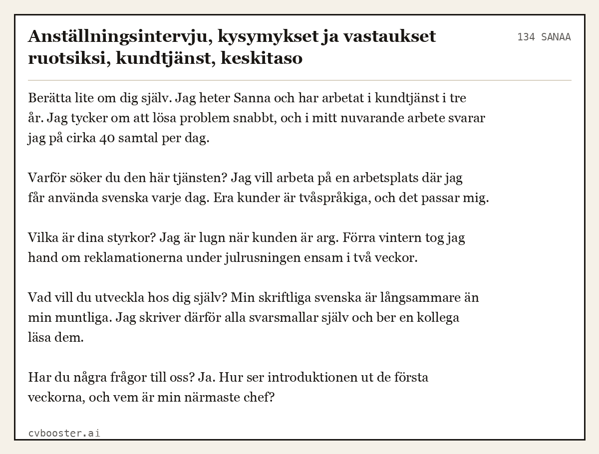 Valmis esimerkki: Anställningsintervju, kysymykset ja vastaukset ruotsiksi, kundtjänst, keskitaso, 134 sanaa
