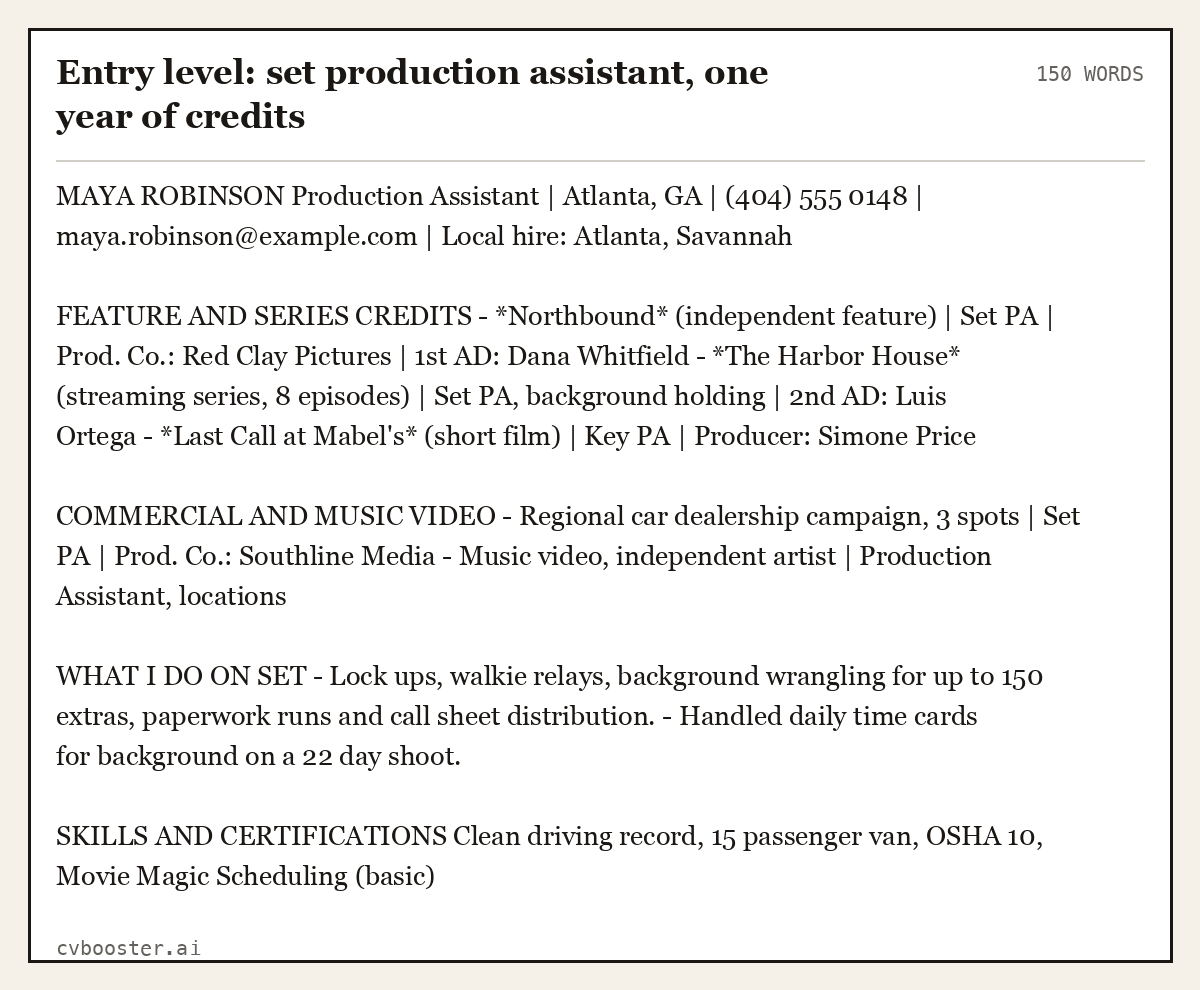 Complete Entry level: set production assistant, one year of credits example, 150 words, laid out as it would sit in the application form