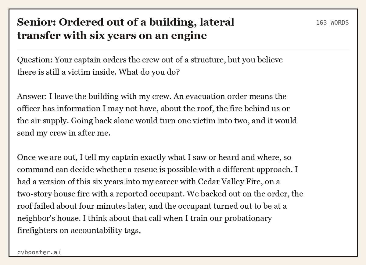 Complete Senior: Ordered out of a building, lateral transfer with six years on an engine example, 163 words, laid out as it would sit in the application form