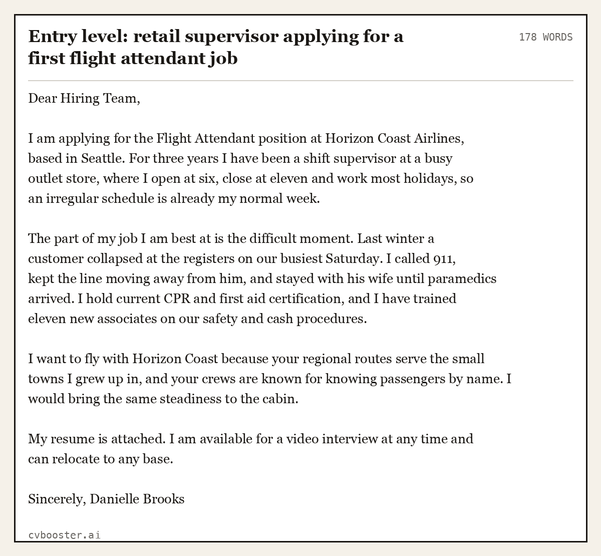 Complete Entry level: retail supervisor applying for a first flight attendant job example, 178 words, laid out as it would sit in the application form
