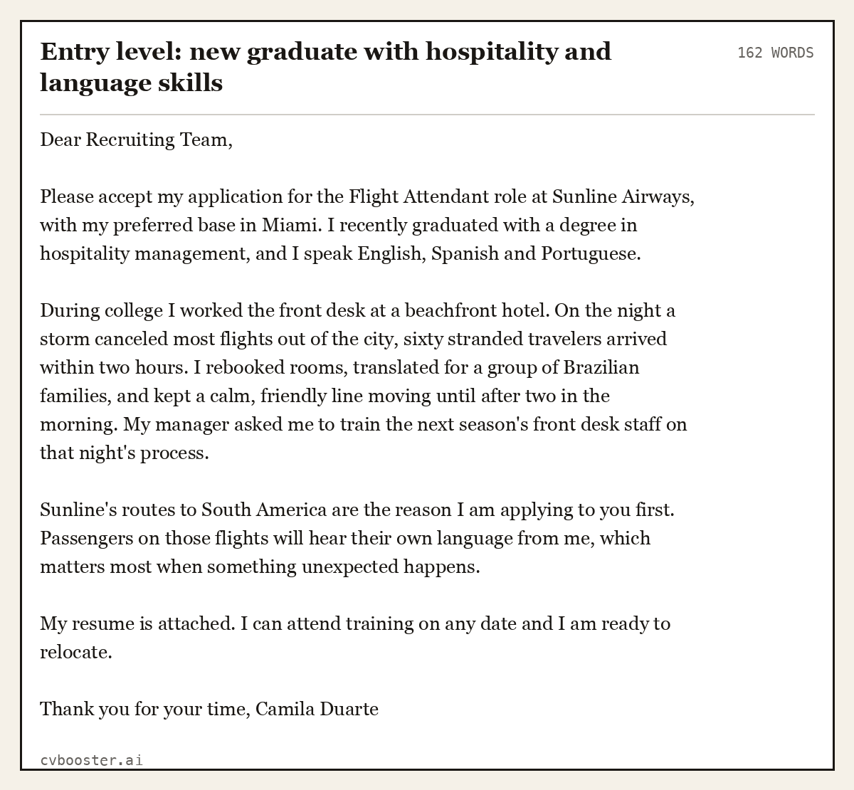 Complete Entry level: new graduate with hospitality and language skills example, 162 words, laid out as it would sit in the application form