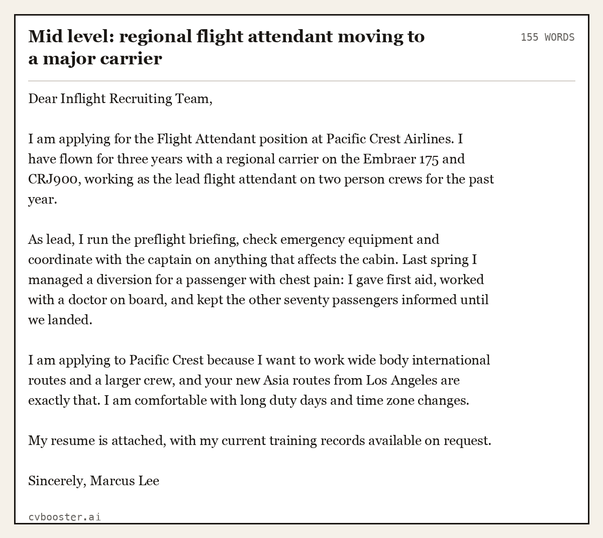 Complete Mid level: regional flight attendant moving to a major carrier example, 155 words, laid out as it would sit in the application form