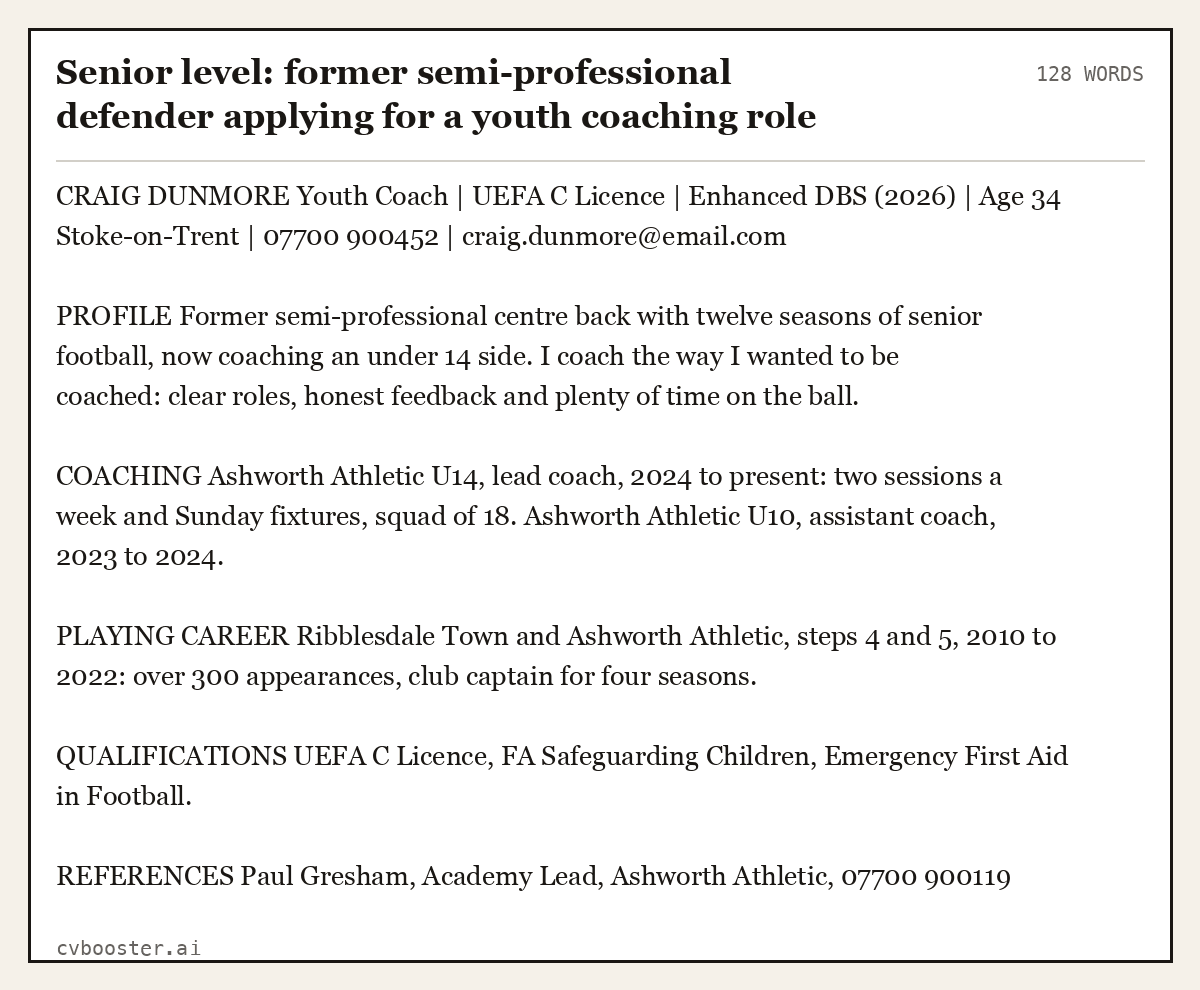 Complete Senior level: former semi-professional defender applying for a youth coaching role example, 128 words, laid out as it would sit in the application form