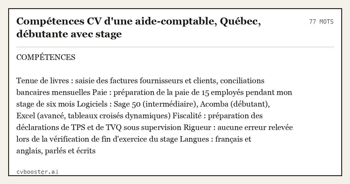 Exemple complet: Compétences CV d'une aide-comptable, Québec, débutante avec stage, 77 mots