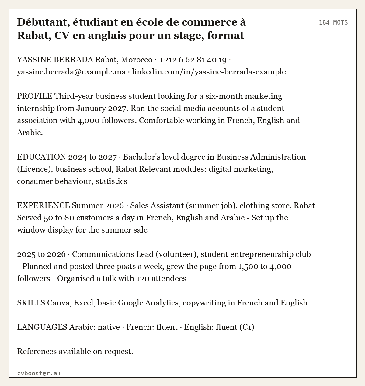 Exemple complet: Débutant, étudiant en école de commerce à Rabat, CV en anglais pour un stage, format britannique, 164 mots