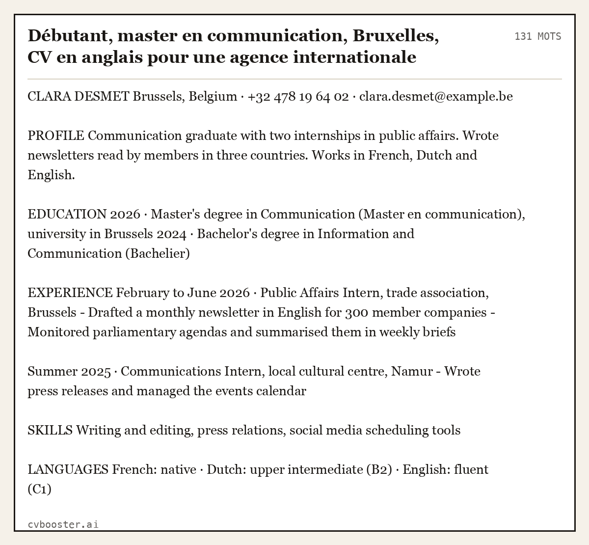 Exemple complet: Débutant, master en communication, Bruxelles, CV en anglais pour une agence internationale, 131 mots